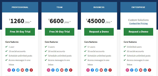 Hootsuite offers 4 plans with different pricing.