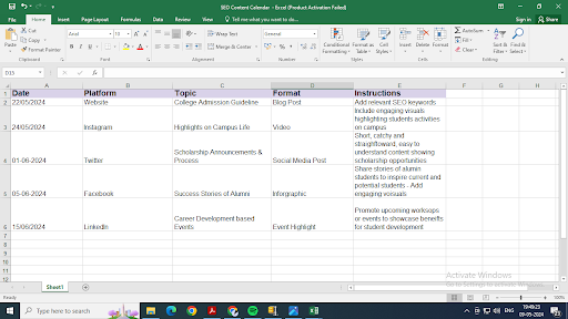 SEO content calendar for schools template
