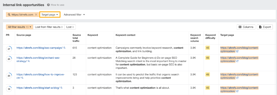 View link opportunities by page
